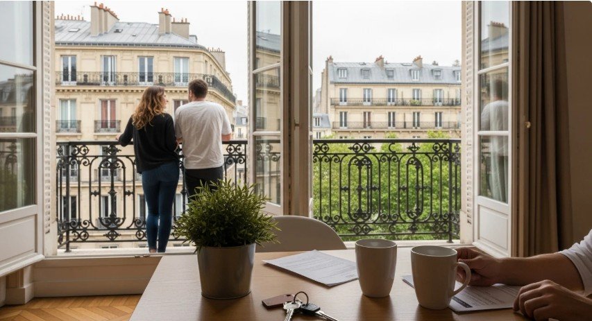Real estate agent showing property to happy international buyers in France during viewing
