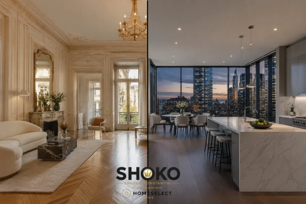 Comparison of Paris Haussmann apartment interior and Manhattan luxury condo for international buyers