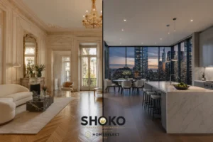 Comparison of Paris Haussmann apartment interior and Manhattan luxury condo for international buyers