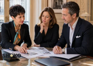Swiss property investor reviewing Paris real estate market data with a local advisor in 2026