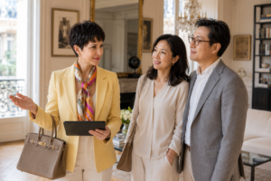 Canadian buyer from Toronto exploring a classic Paris Haussmann apartment with a local property advisor