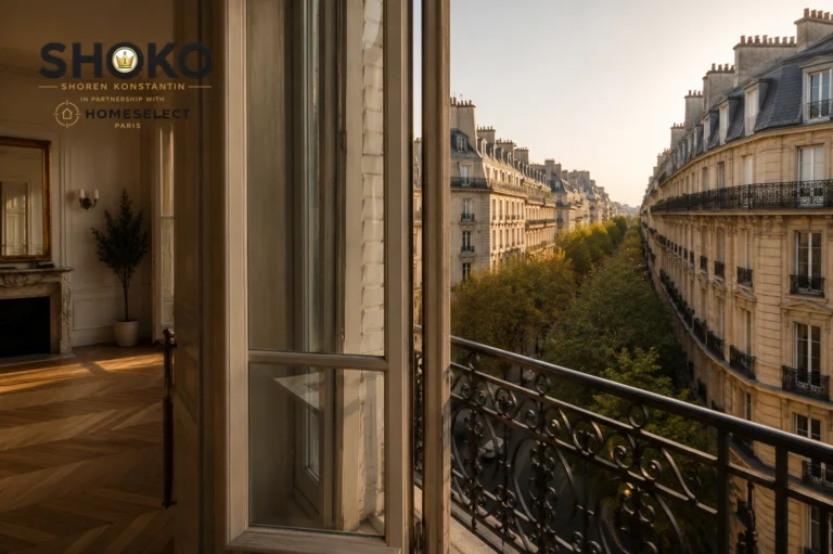 View from inside a classic Haussmann Paris apartment looking out over a tree-lined boulevard capturing the emotional appeal of Paris property for American buyers