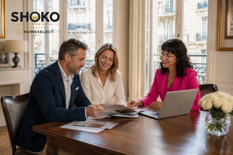 Canadian couple reviewing Paris property listings on a laptop in a classic Haussmann apartment with tall windows and parquet floors