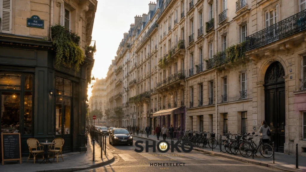 A quiet Haussmann street in Paris with stone facades, wrought iron balconies, and a corner café, evoking the scale and atmosphere familiar to Montreal residents