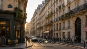 A quiet Haussmann street in Paris with stone facades, wrought iron balconies, and a corner café, evoking the scale and atmosphere familiar to Montreal residents