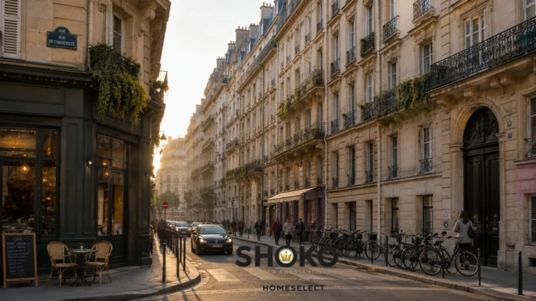 A quiet Haussmann street in Paris with stone facades, wrought iron balconies, and a corner café, evoking the scale and atmosphere familiar to Montreal residents