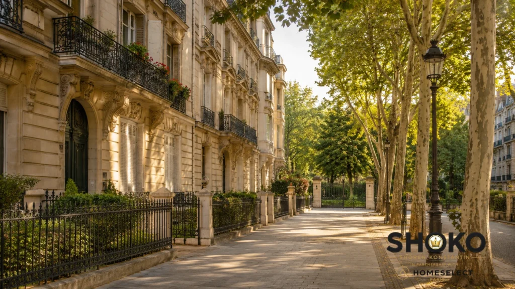Tree-lined residential street in the 16th arrondissement Paris with Haussmann buildings and a family walking on the pavement