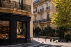 Classic Parisian Haussmann street corner with iron balconies and boulangerie evoking the natural affinity Luxembourg buyers feel for the Paris property market