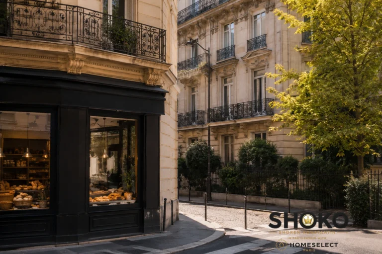 Classic Parisian Haussmann street corner with iron balconies and boulangerie evoking the natural affinity Luxembourg buyers feel for the Paris property market
