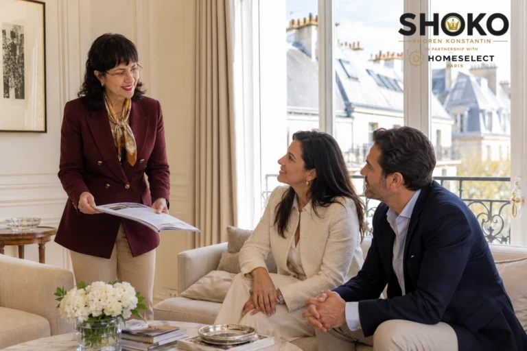 SHOKO presenting a Paris property portfolio to an elegant Spanish couple inside a beautifully furnished Left Bank apartment