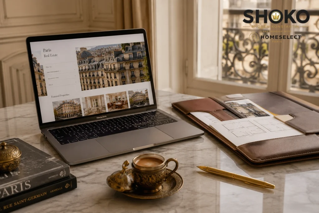 Elegant desk with laptop showing Paris property listings and Arabic coffee — how Middle Eastern buyers research Paris real estate before making first contact