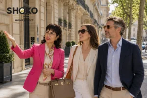 SHOKO walking alongside an ultra-high-net-worth international couple along a prestigious Haussmann boulevard in the 7th arrondissement of Paris