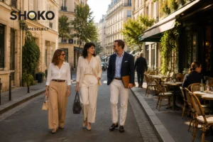 Wide-angle view of a quiet Paris street in an emerging arrondissement — classic Haussmann facades, a local café terrace, warm afternoon light, no crowds