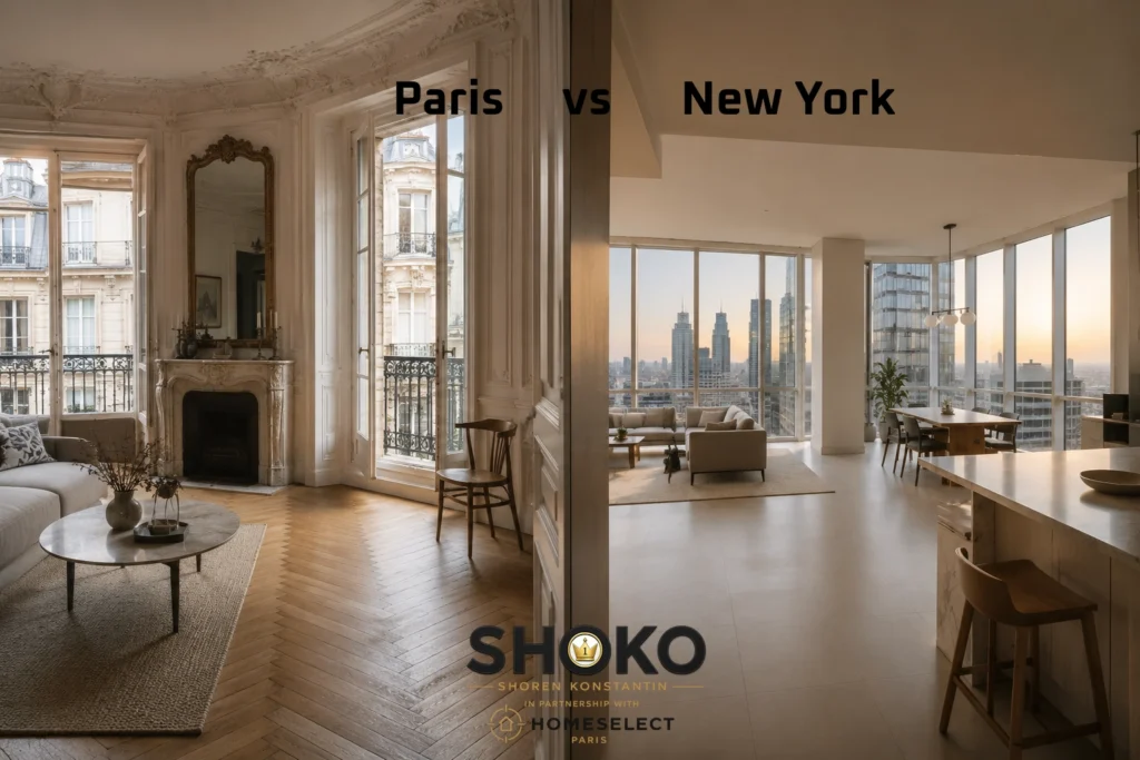 Classic Haussmann Paris apartment interior with parquet floors and moldings contrasted with a modern North American condo style