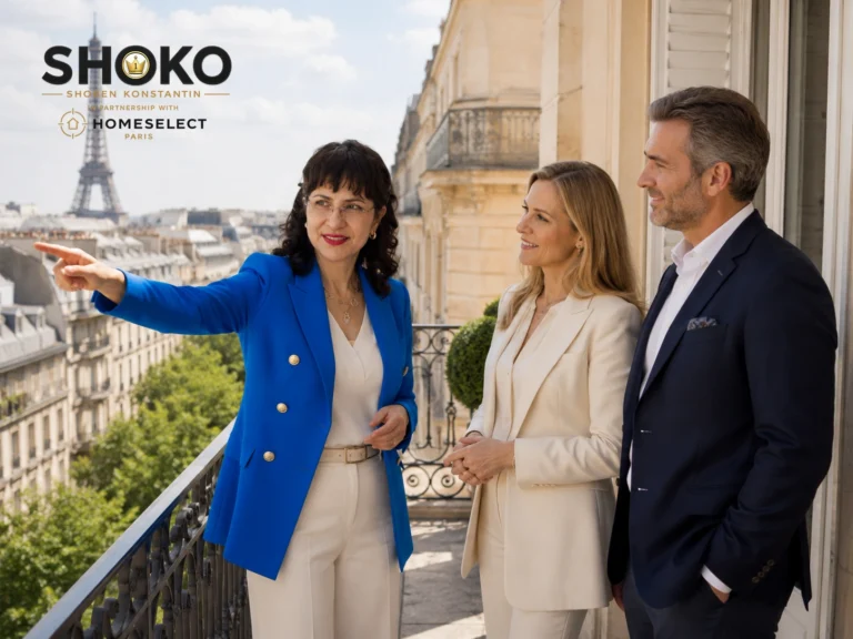 International buyers discussing Paris neighborhood options from a balcony with Eiffel Tower view