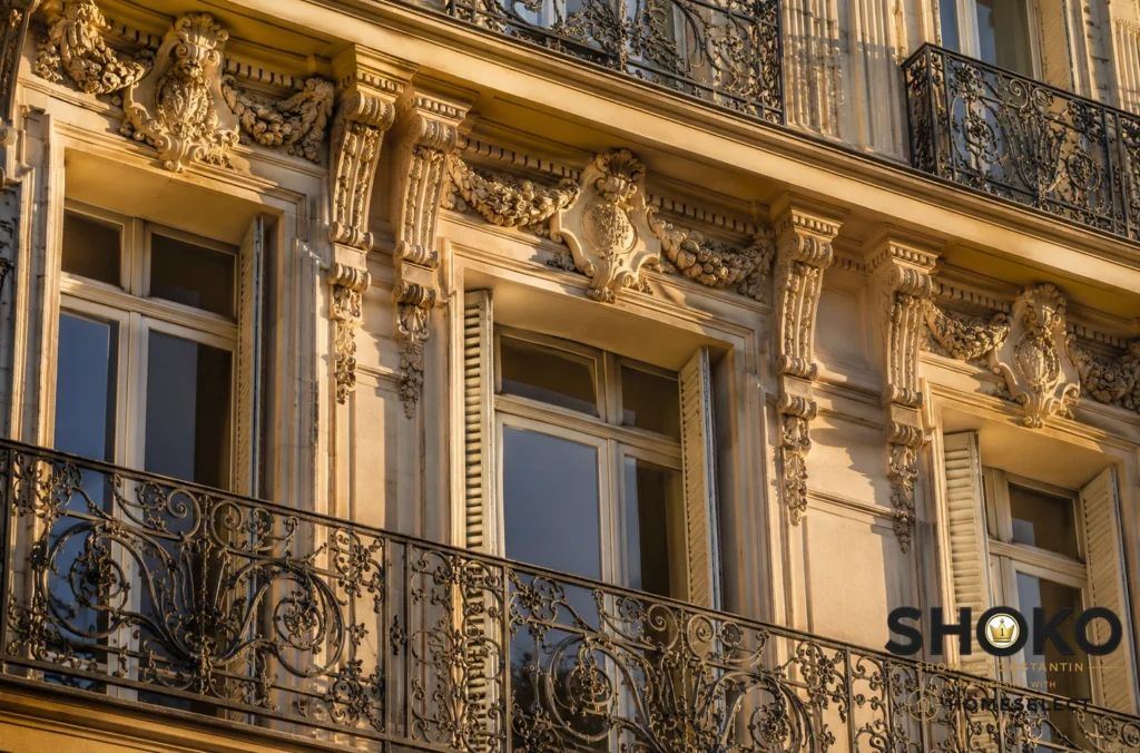 Close-up of an ornate Haussmann apartment building facade in Paris — carved limestone details, wrought-iron balconies, tall French windows, warm afternoon light