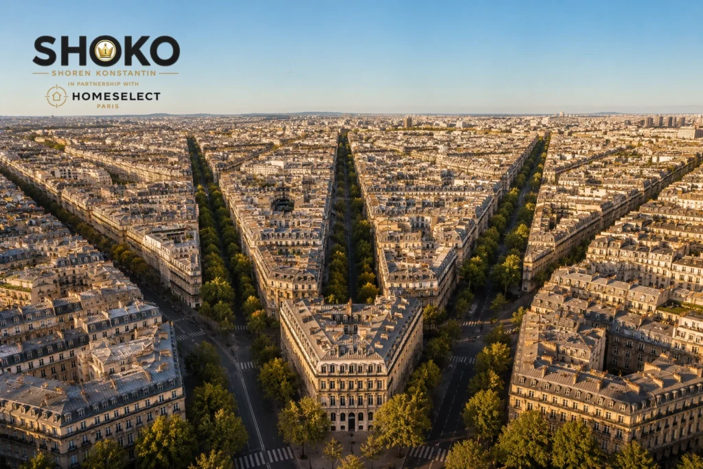 Aerial view of Haussmann Paris boulevards showing the architectural consistency that sets Paris apart from every other European capital property market