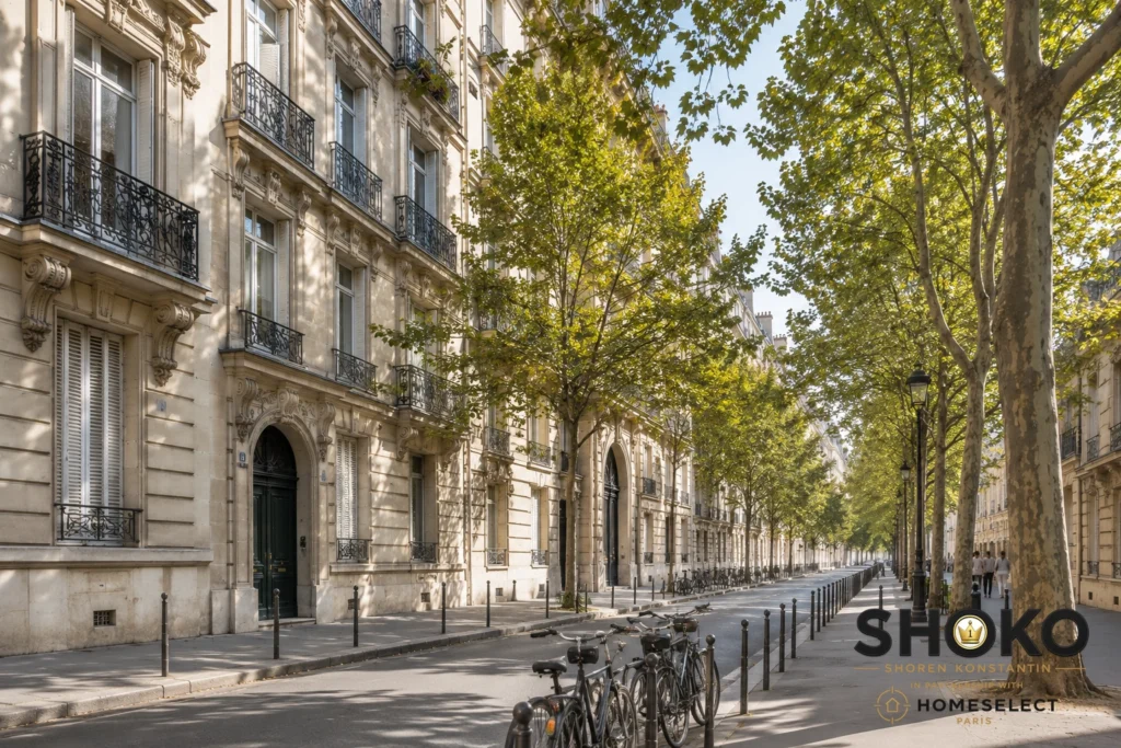 Tree-lined Parisian street in the 7th arrondissement with classic Haussmann buildings appealing to Scandinavian property buyers