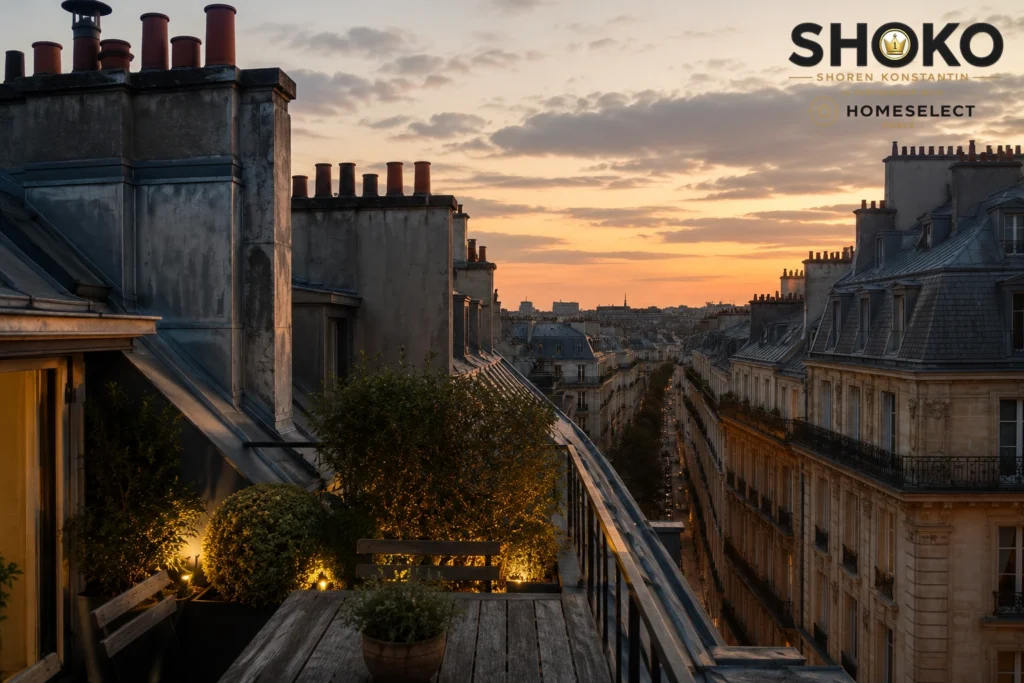 Parisian rooftop terrace at dusk with Haussmann facades evoking the strategic long-term appeal of Paris real estate for Singapore investors