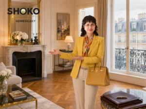 Elegant Paris apartment interior with marble fireplace and view of classic rooftops — why Swiss private banking clients choose Paris over London for European property