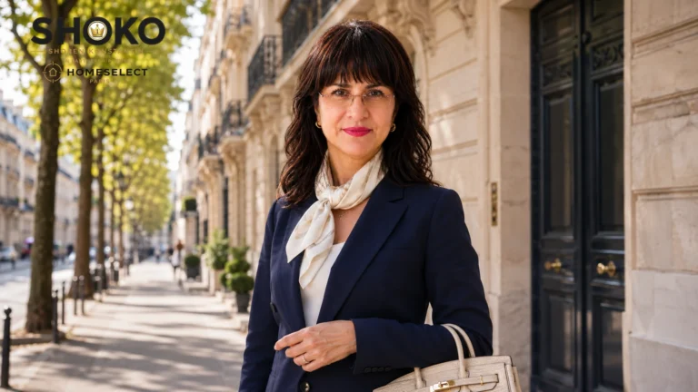 SHOKO showing an international couple the herringbone parquet and tall windows of a Haussmann apartment in Paris