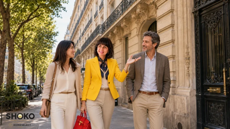 SHOKO walking an international couple past a grand Haussmann facade discussing the prestige of the neighborhood