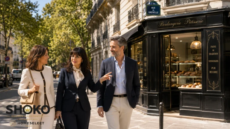 SHOKO walking with an international couple along a tree-lined 7th arrondissement street in Paris, discussing neighborhood walkability