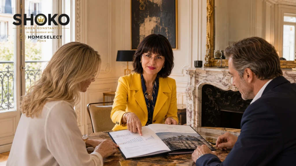 SHOKO reviewing long-term market data with an international couple in a Haussmann apartment in Paris
